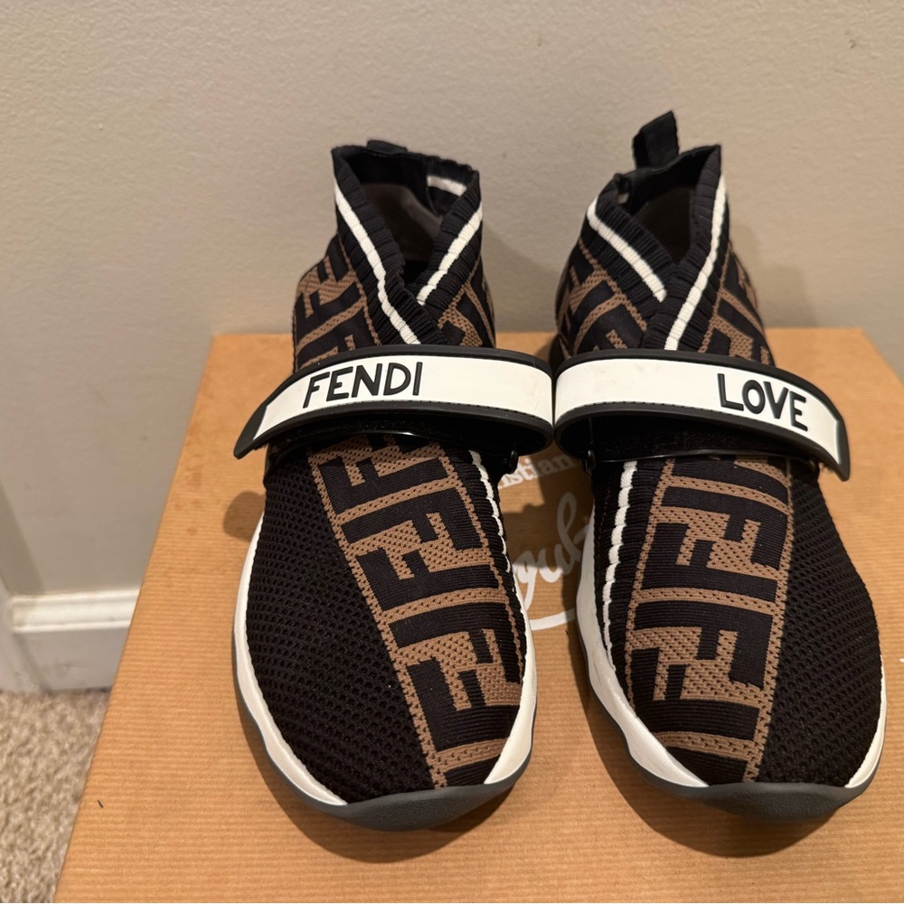 Fendi Black and Brown Designer Sneakers with Knit Upper